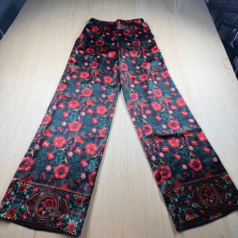 Philosophy Republic Clothing Floral Bird Print Wide Leg Pants Black Red XS